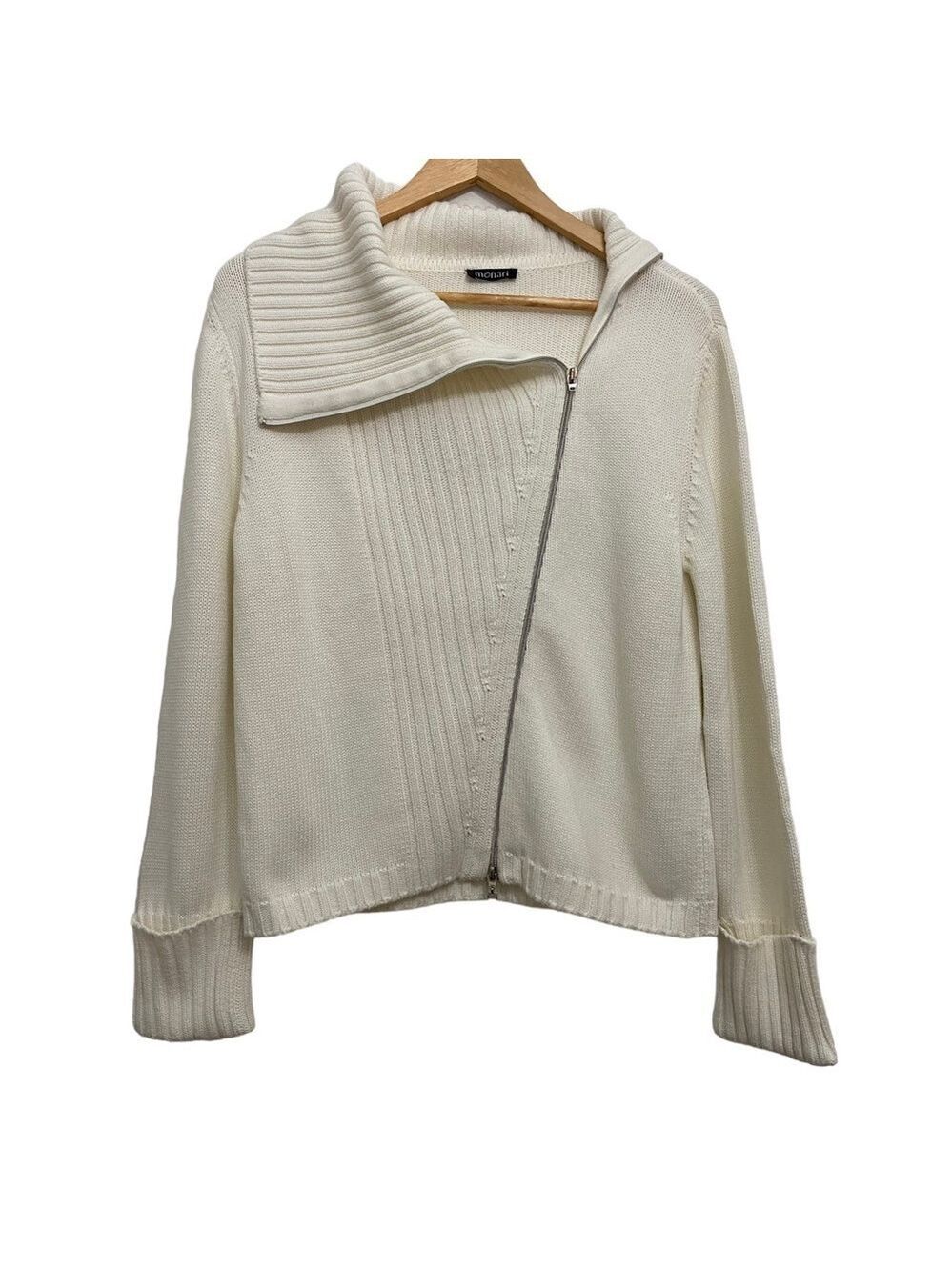 Monari knit sweater cardigan 50% cotton ecru/white fisherman zip up asymetric 8